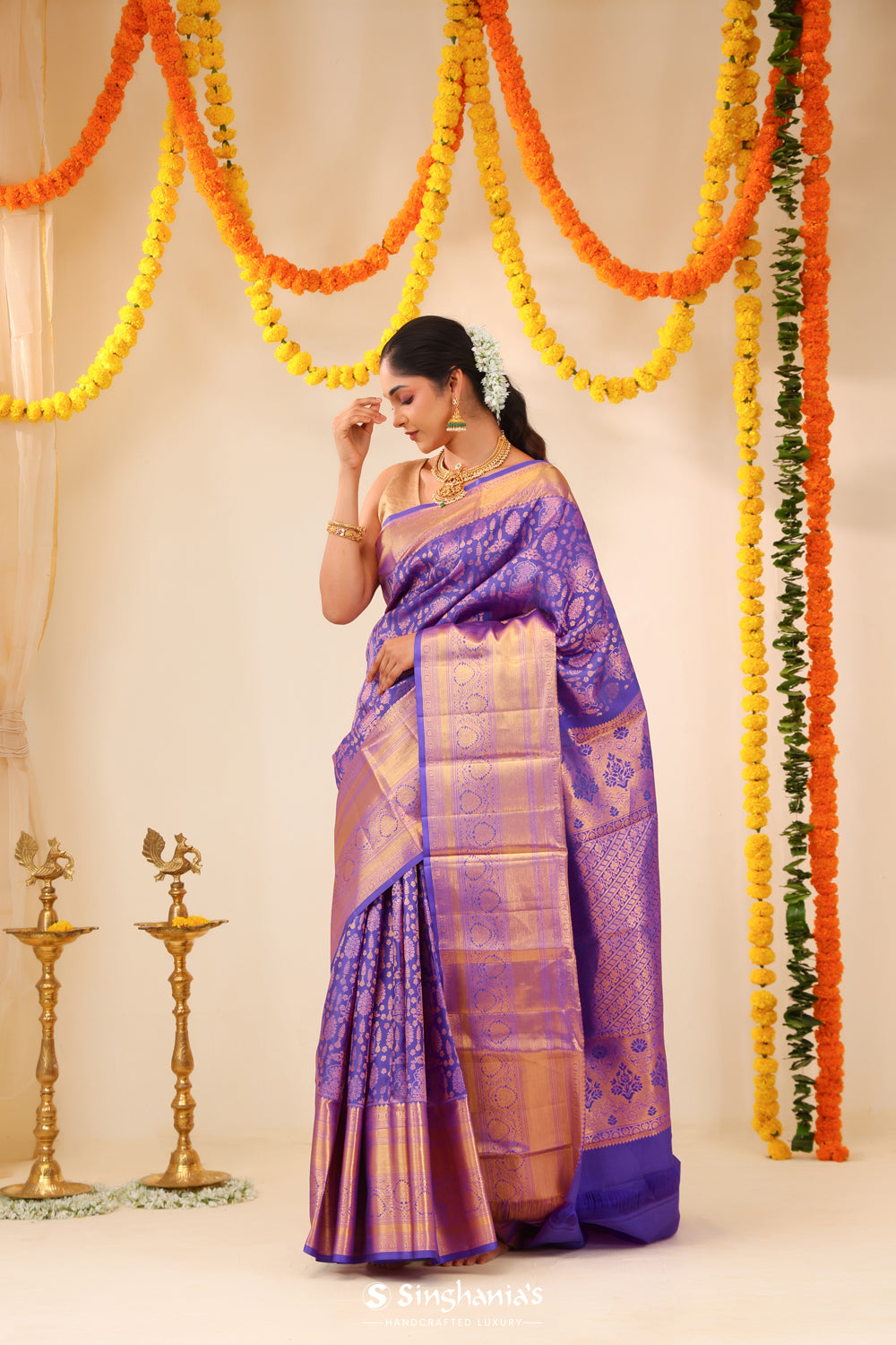 Medium Orchid Kanjivaram Silk Saree With Floral Butta Weaving