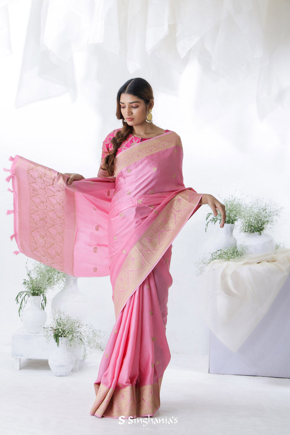 Light Pink Banarasi Mashru Silk Saree With Floral Buttis