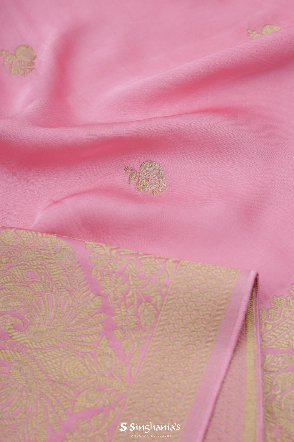 Light Pink Banarasi Mashru Silk Saree With Floral Buttis