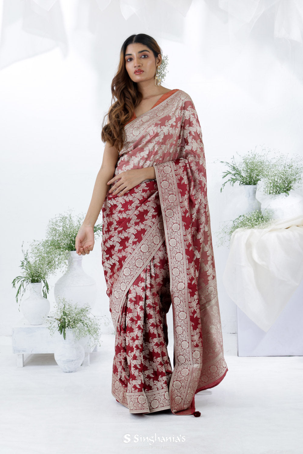 Maroon Red Ombre Banarasi Mashru Silk Saree