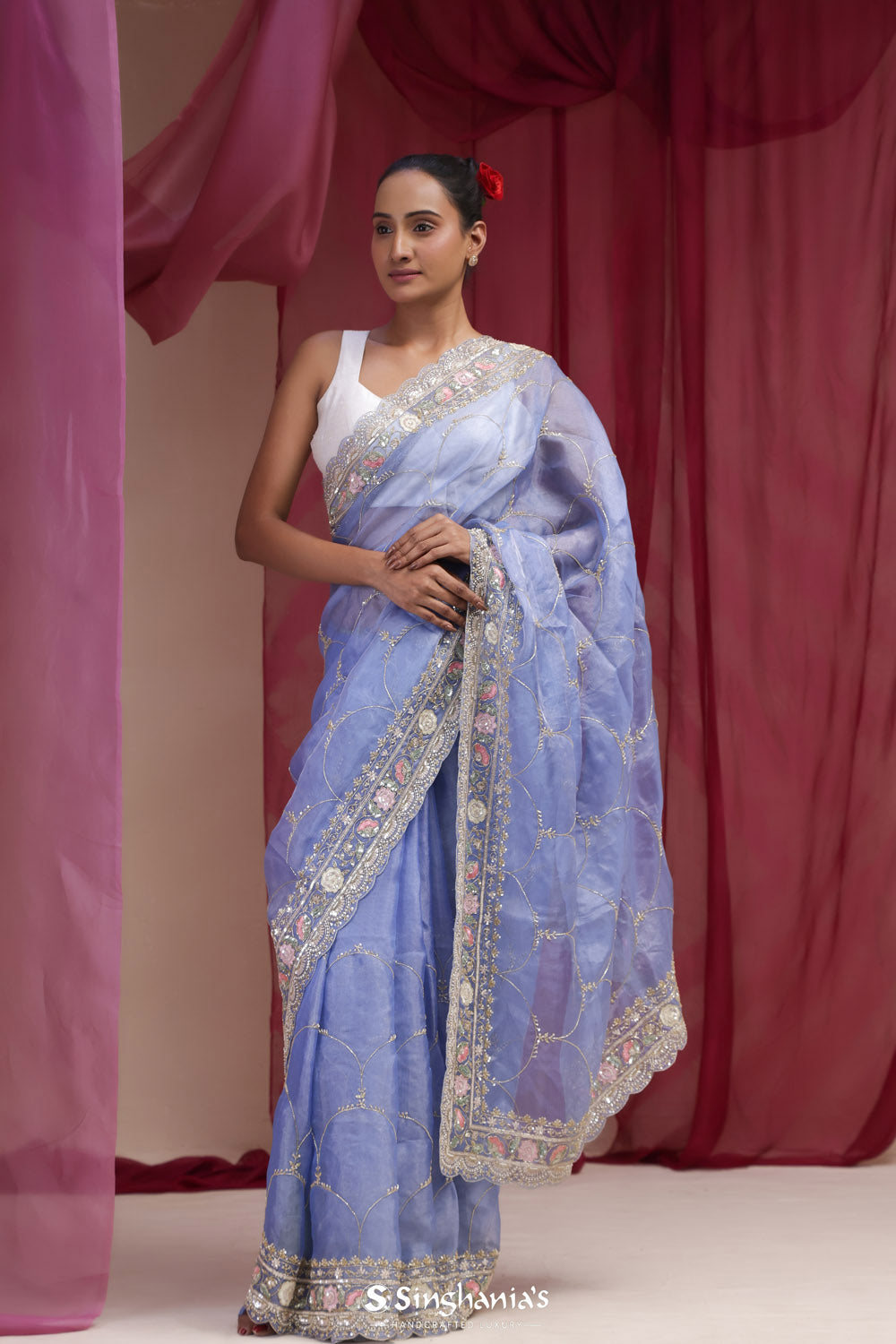 Pastel Blue Tissue Designer Saree With Hand Embroidery