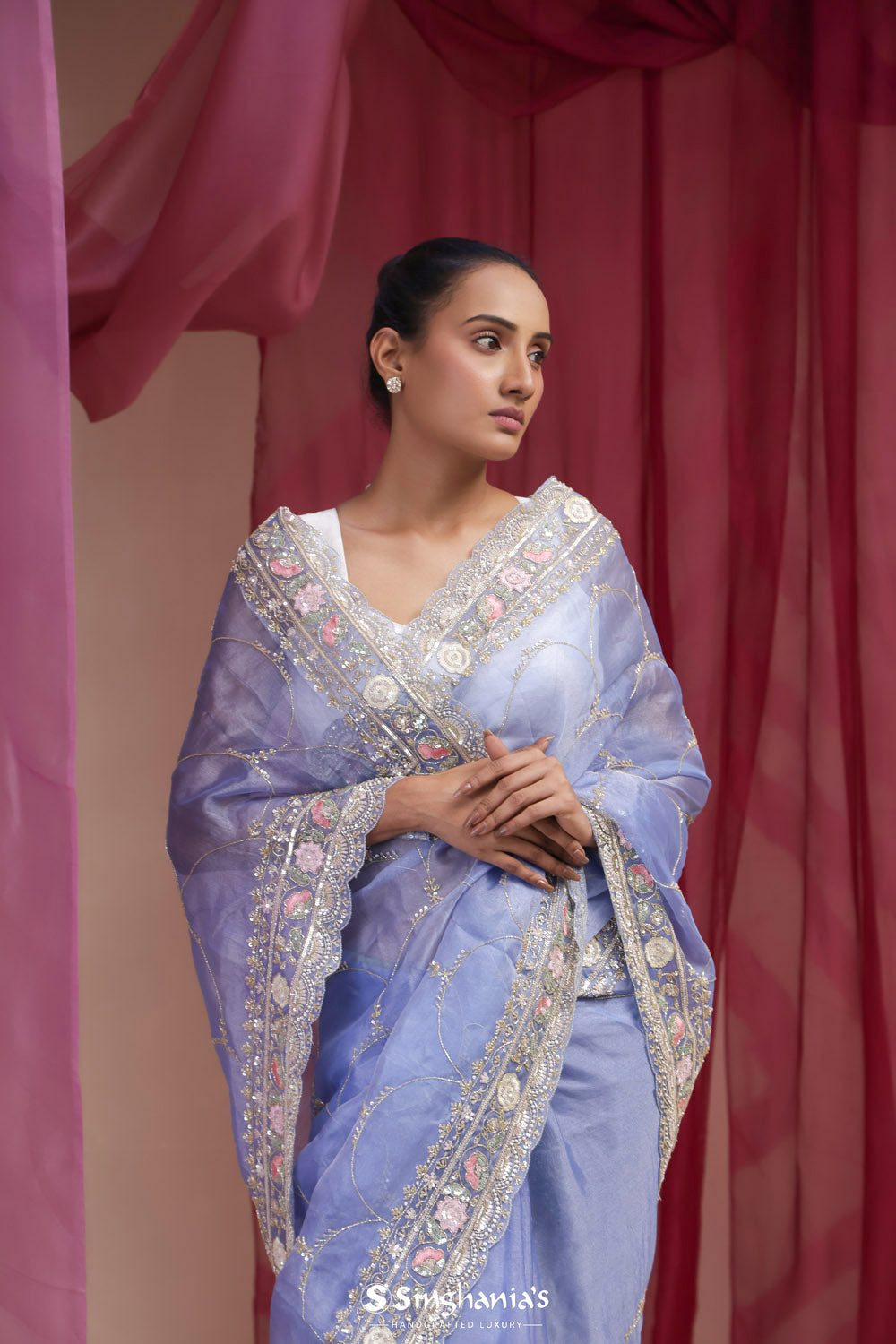 Pastel Blue Tissue Designer Saree With Hand Embroidery