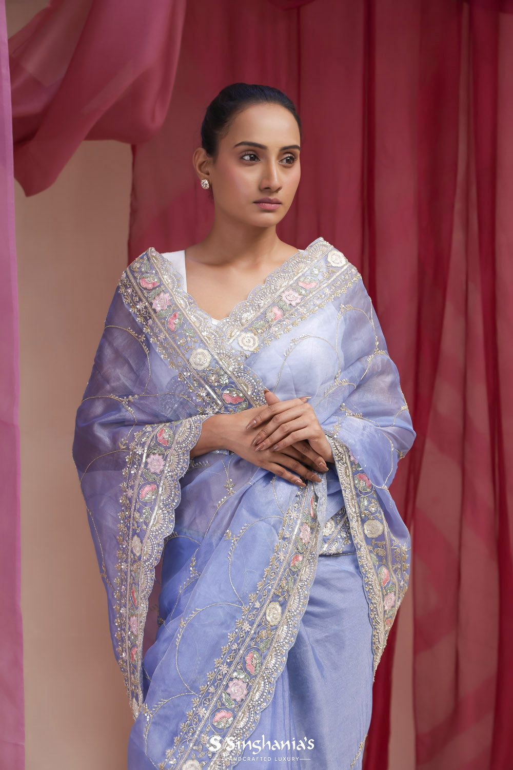 Pastel Blue Tissue Designer Saree With Hand Embroidery