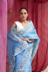 Carolina Blue Organza Designer Saree With Floral Embroidery