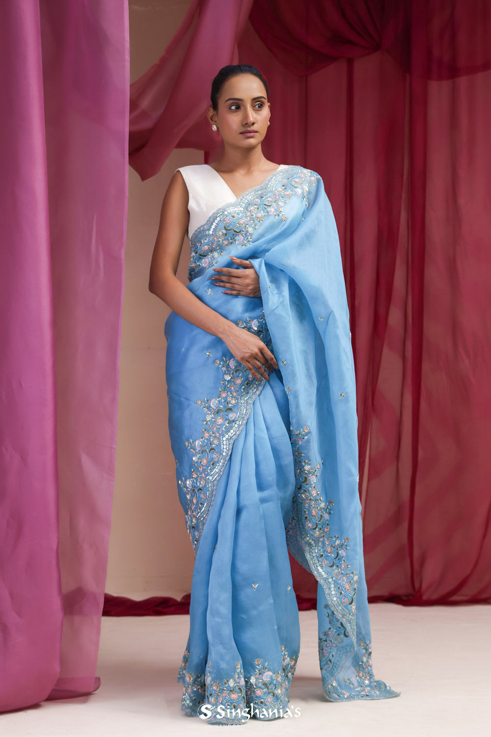 Carolina Blue Organza Designer Saree With Floral Embroidery