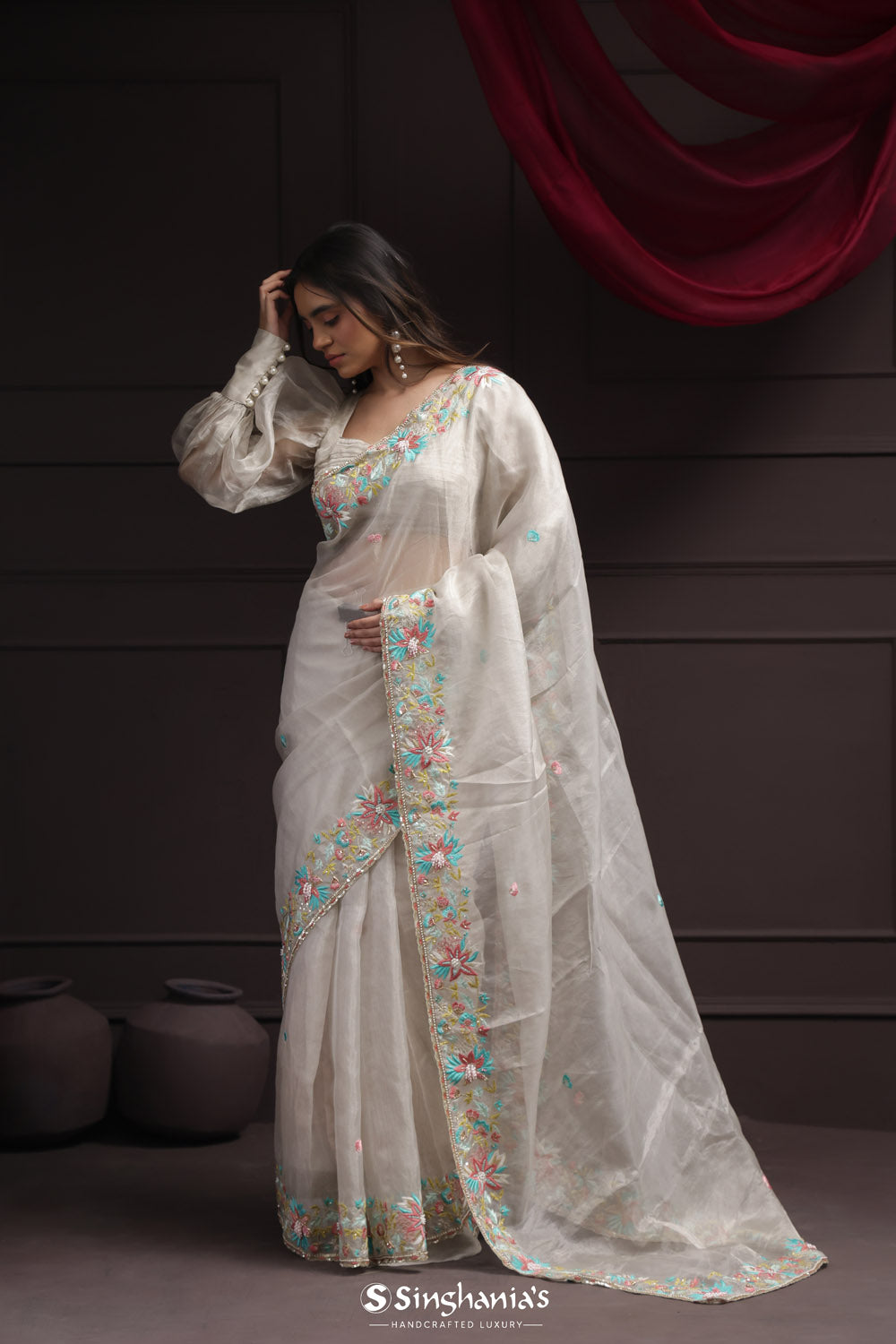 Cascading White Tissue Designer Saree With Floral Embroidery