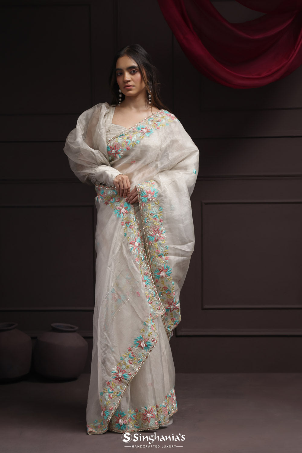 Cascading White Tissue Designer Saree With Floral Embroidery