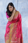 Rubine Pink Kani Handloom Saree With Floral Motifs