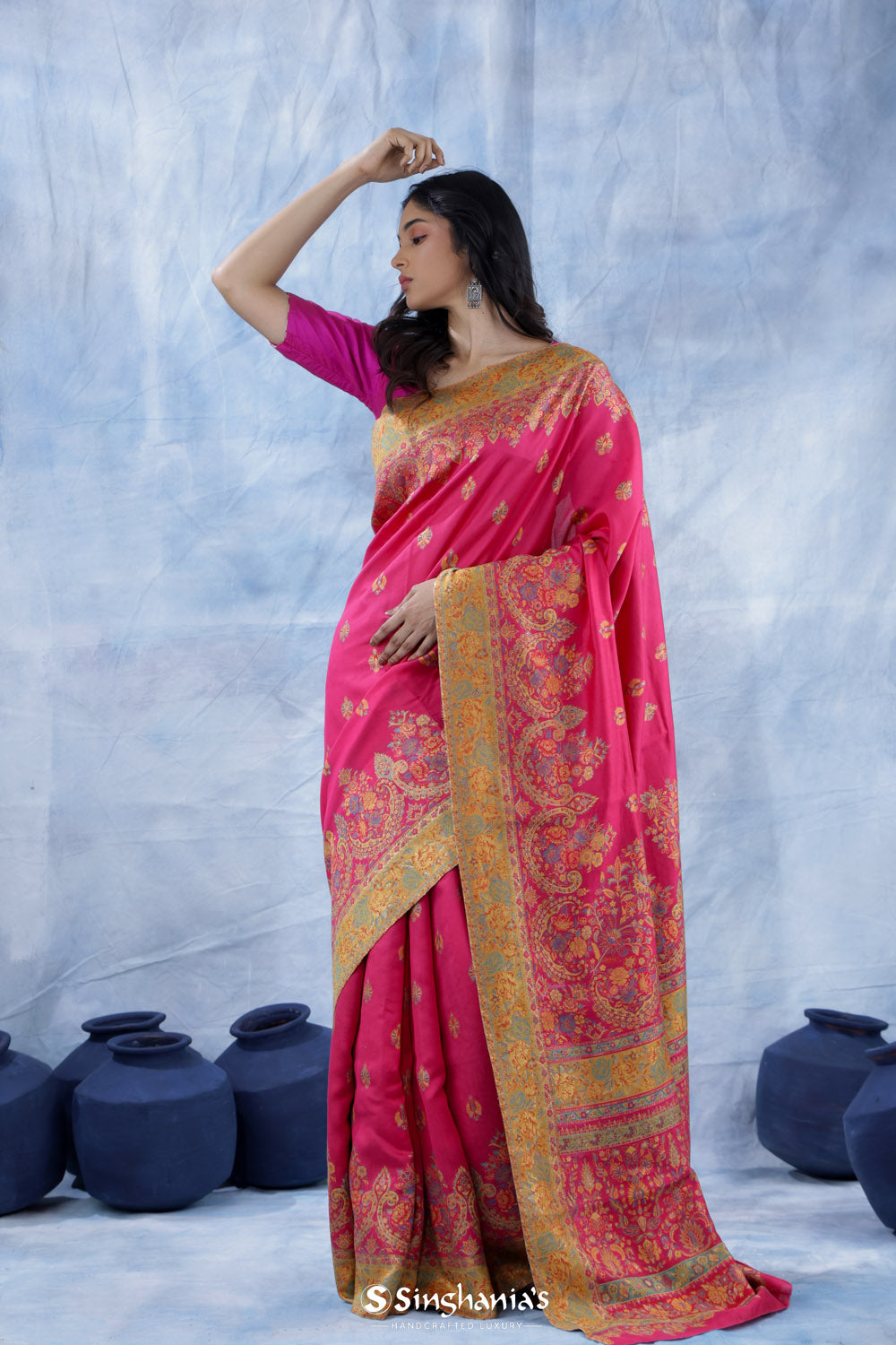 Rubine Pink Kani Handloom Saree With Floral Motifs