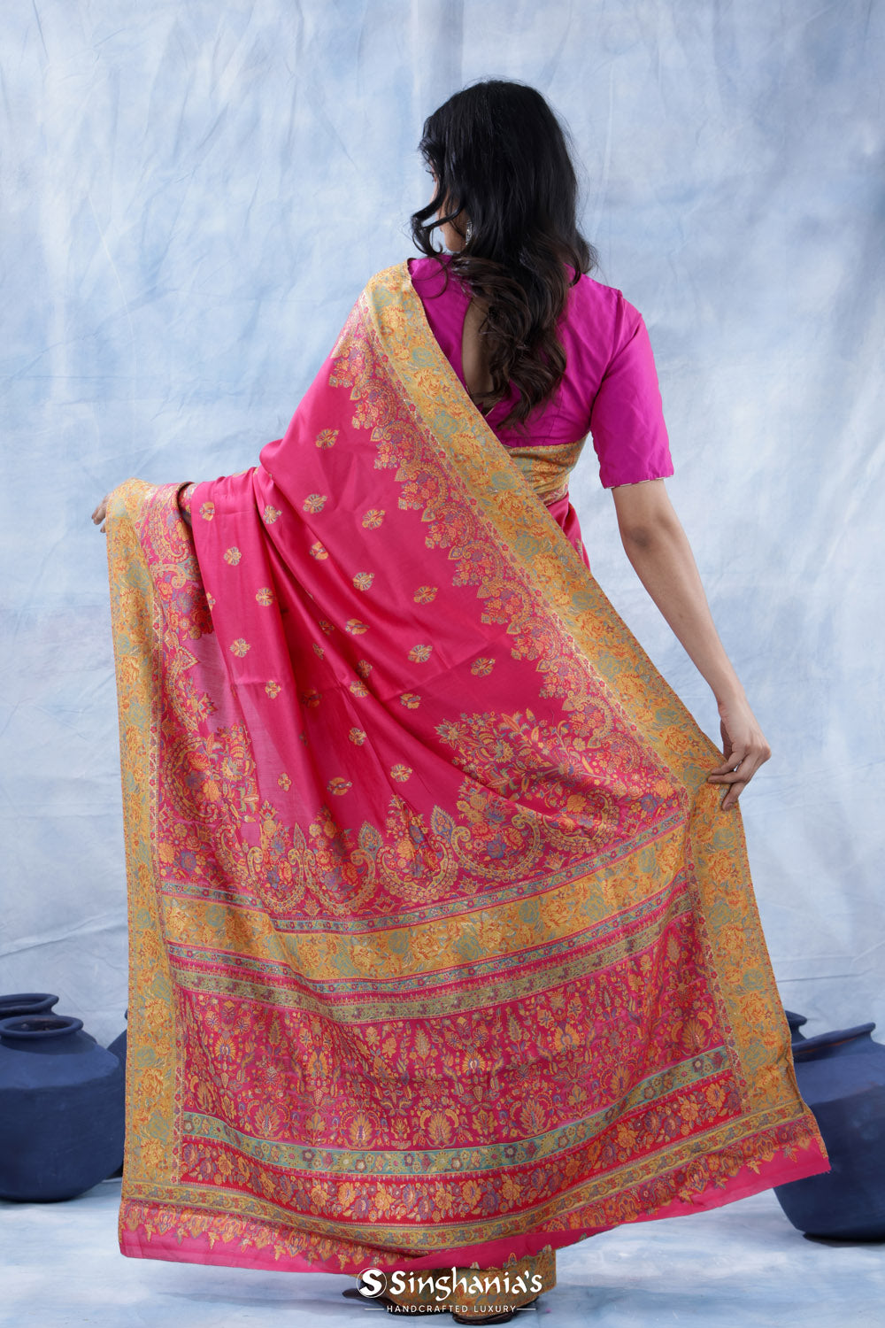 Rubine Pink Kani Handloom Saree With Floral Motifs