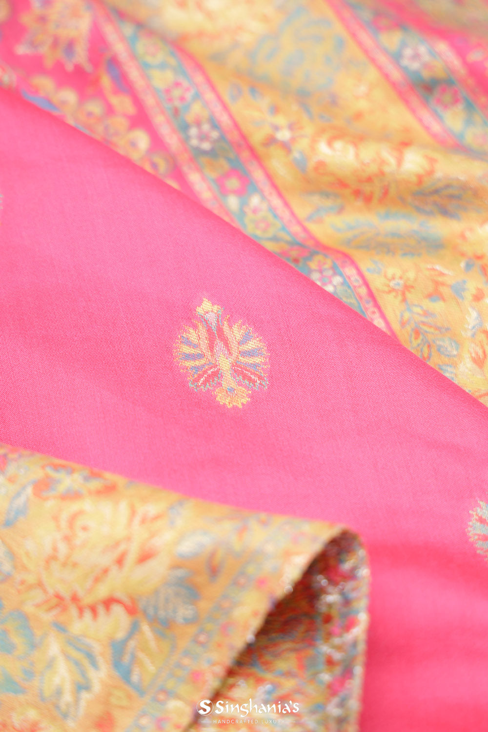 Rubine Pink Kani Handloom Saree With Floral Motifs