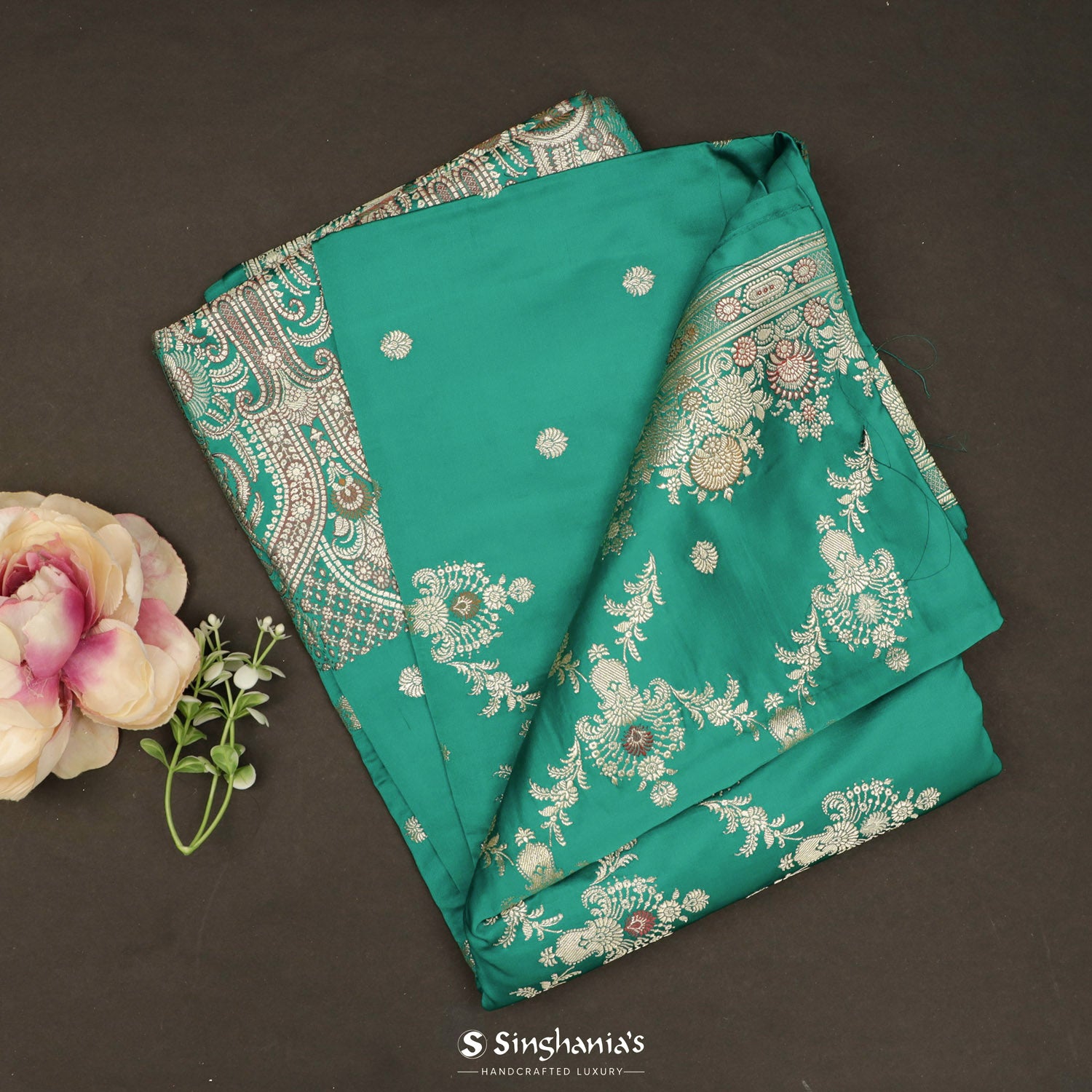 Persian Green Silk Saree With Floral Banarasi Weaving