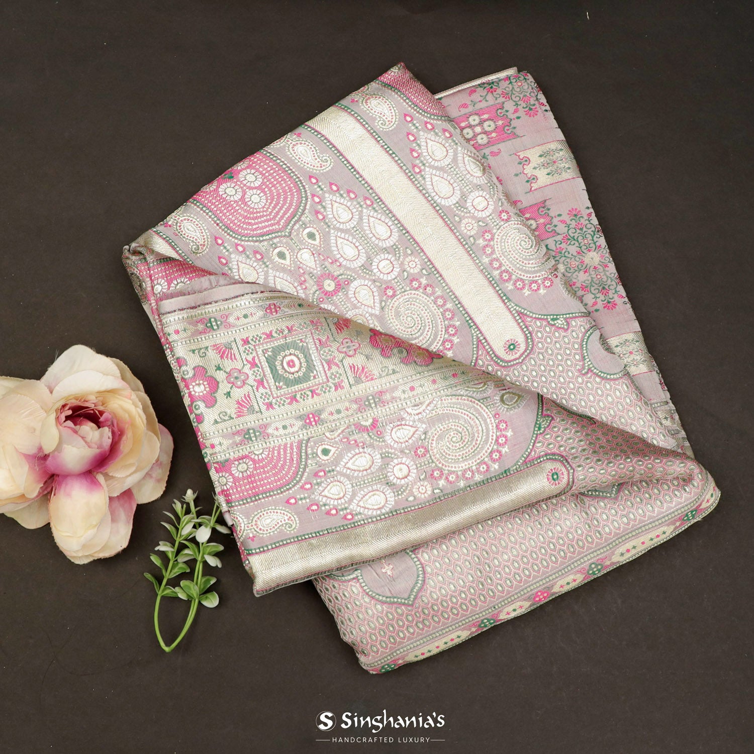 Pale Purple Silk Saree With Floral Banarasi Weaving