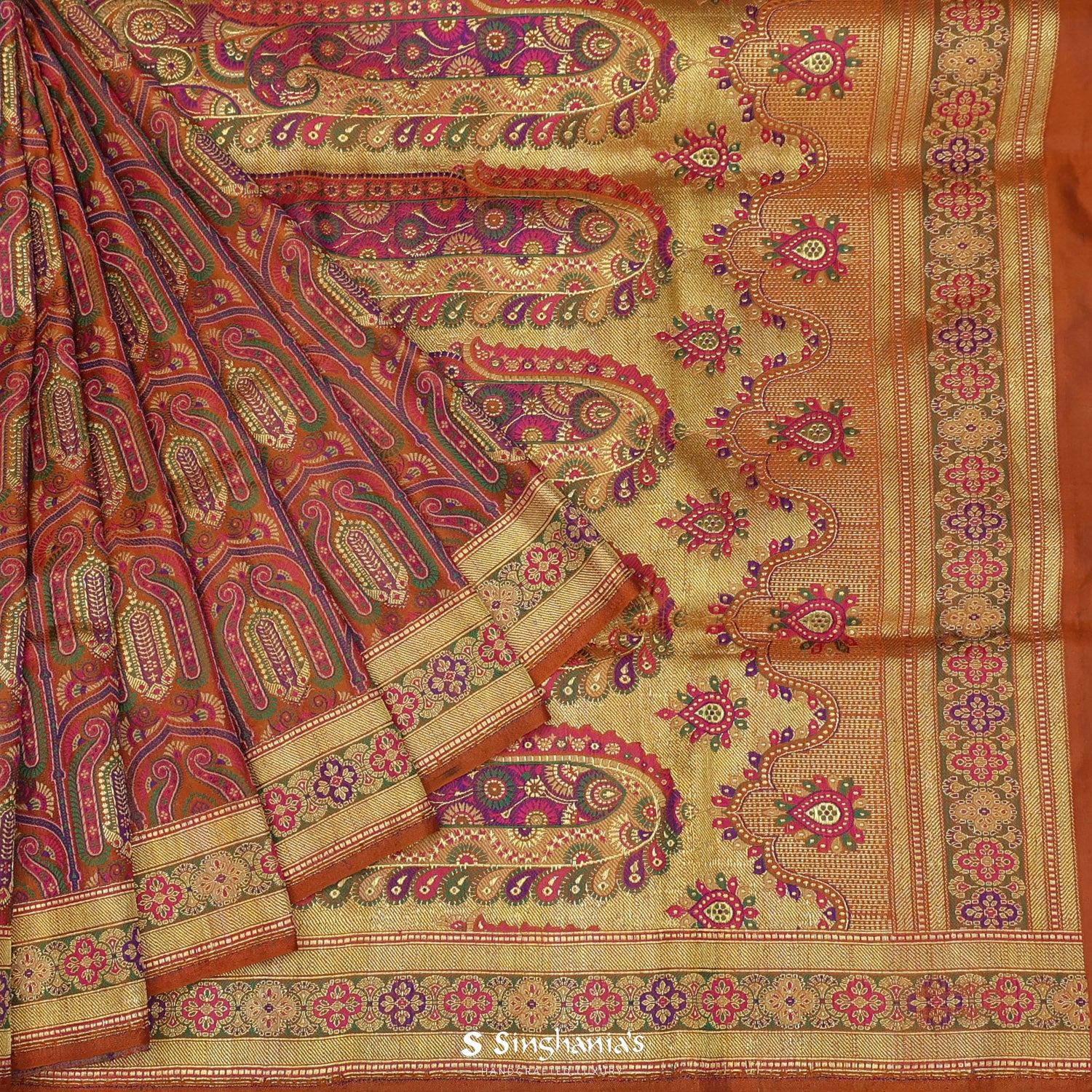 Copper Red Silk Saree With Floral Banarasi Weaving