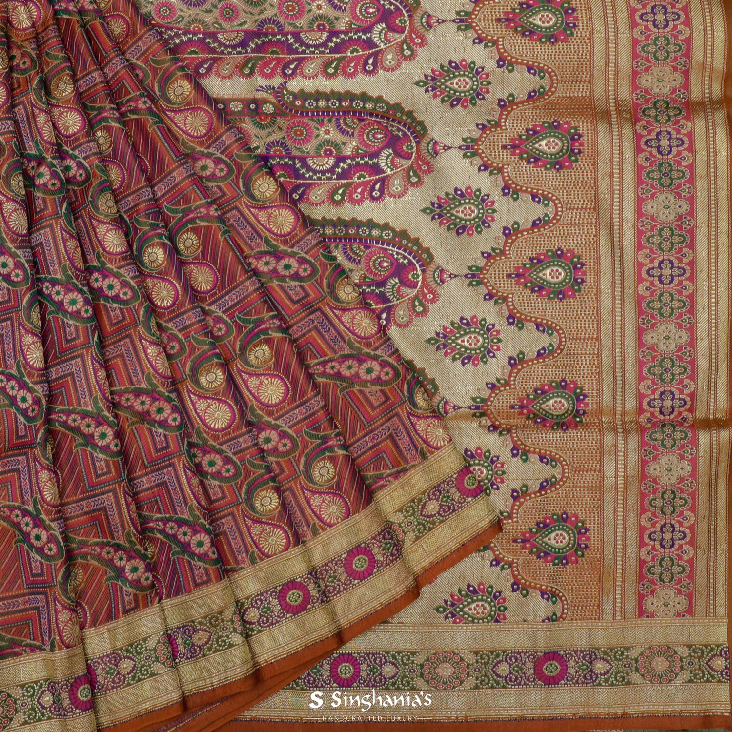 Persian Red Silk Saree With Banarasi Weaving