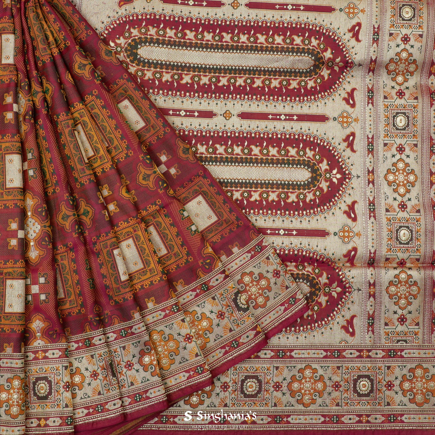 Chocolate Cosmos Red Silk Saree With Banarasi Weaving