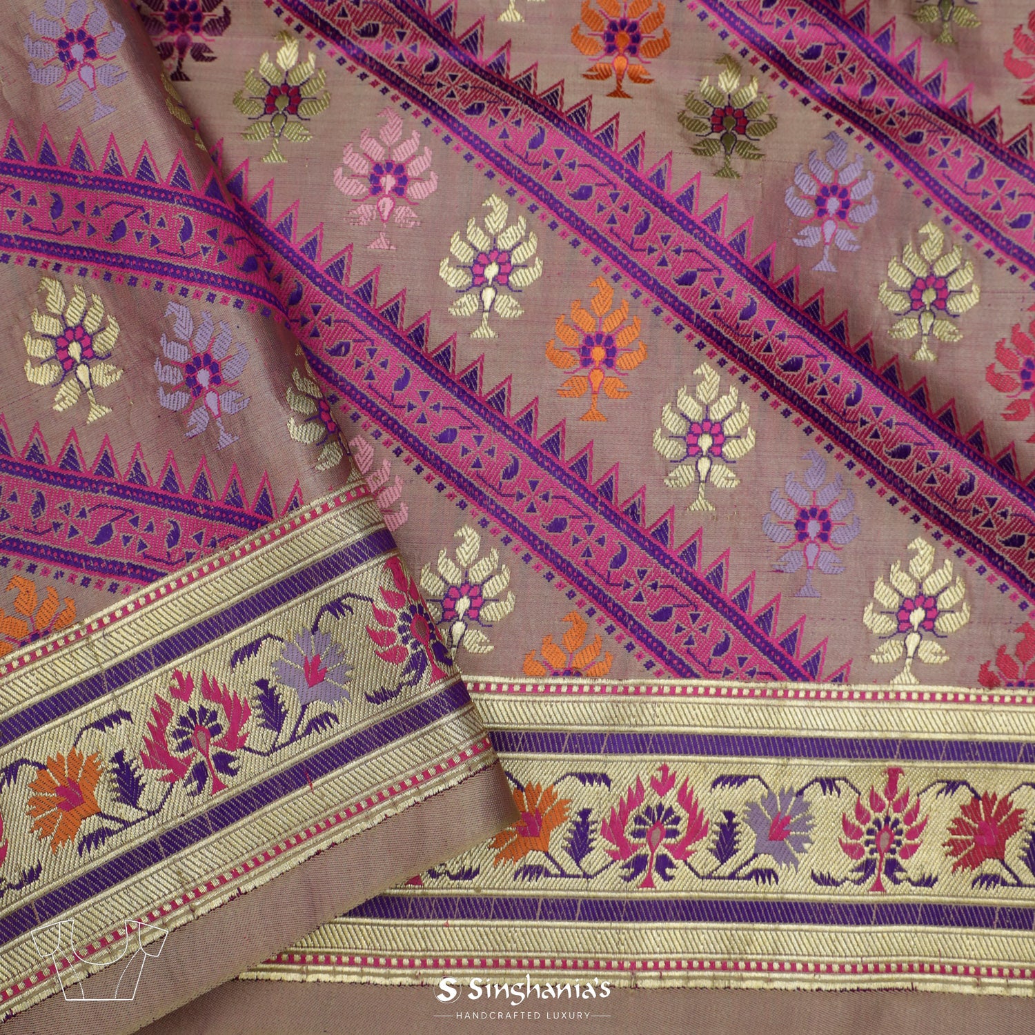 Golden Purple Silk Saree With Banarasi Weaving