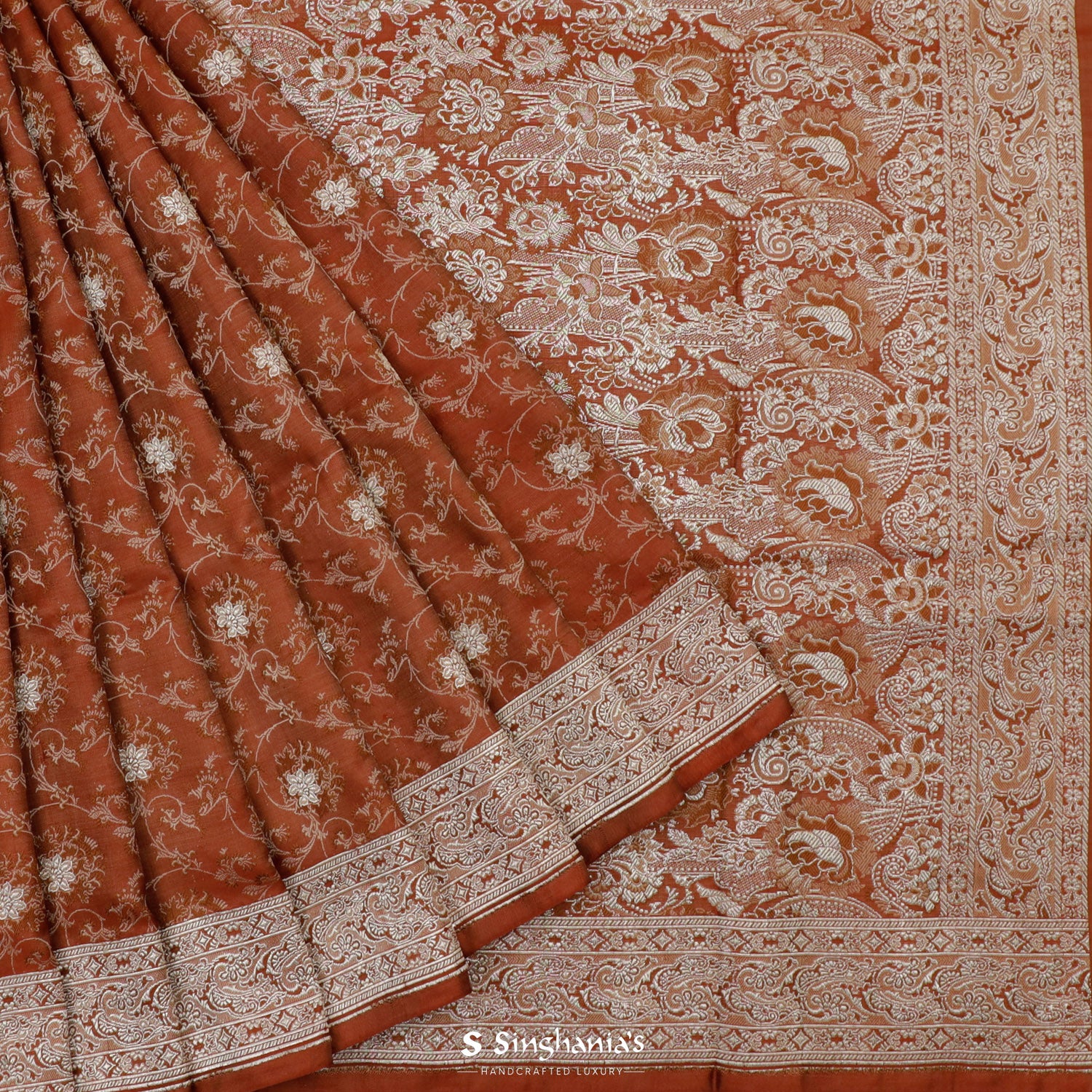 Brown Rust Silk Saree With Banarasi Weaving