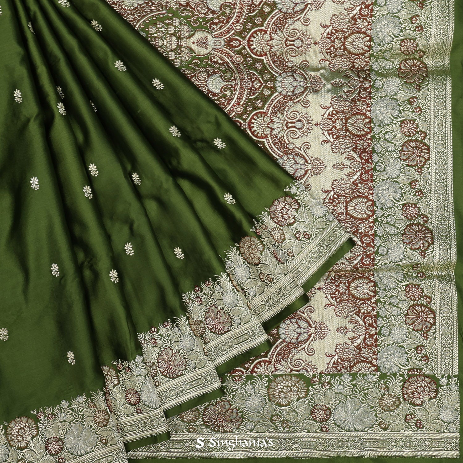 Dark Moss Green Silk Saree With Banarasi Weaving