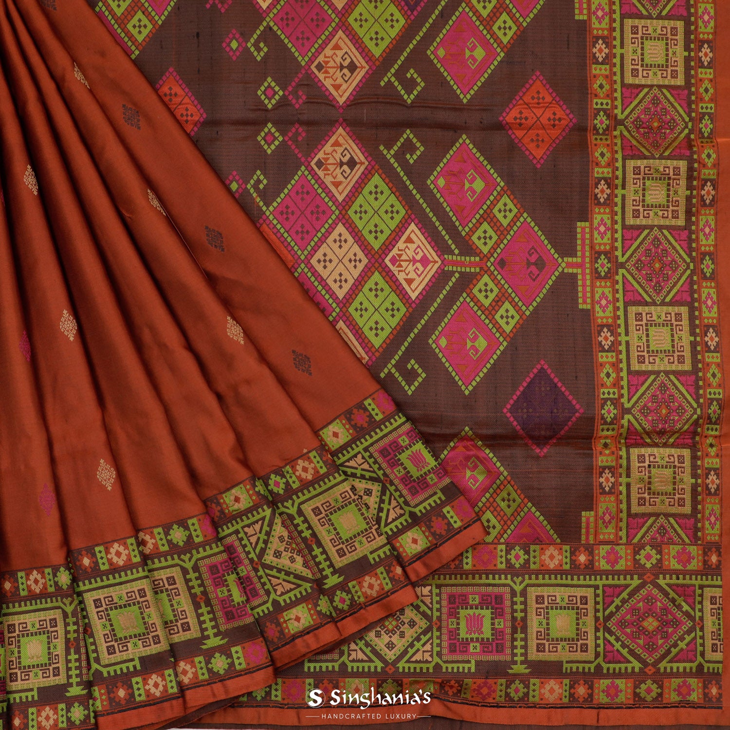 Burnt Henna Brown Banarasi Silk Saree With Floral Butti Pattern