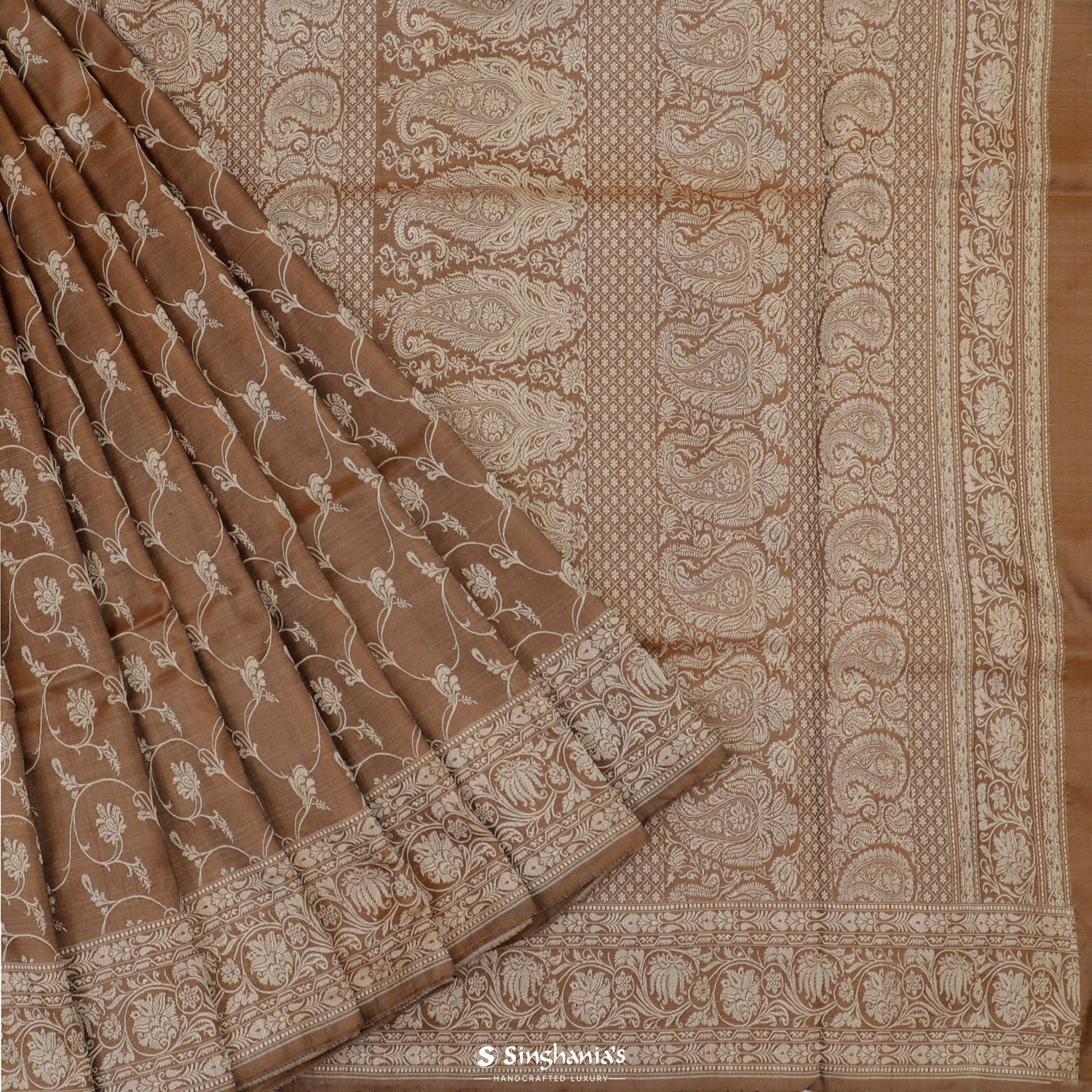 Dark Wood Silk Saree With Banarasi Weaving