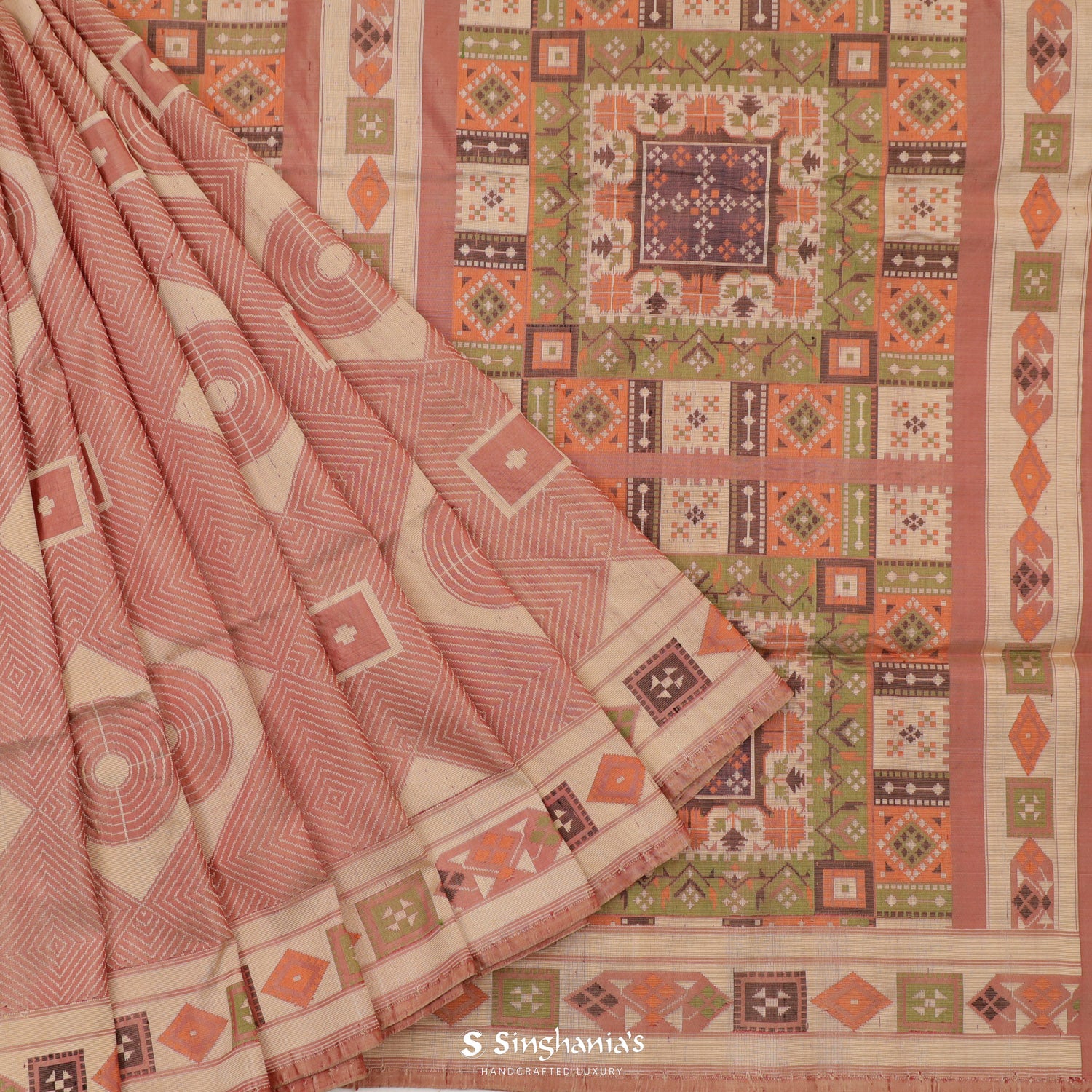 Peach Banarasi Silk Saree With Abstract Pattern