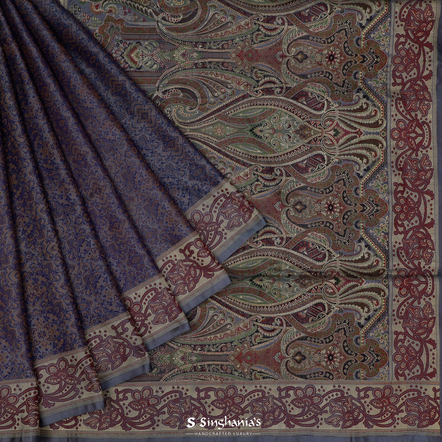 Glaucous Blue Banarasi Silk Saree With Floral Brocade Pattern