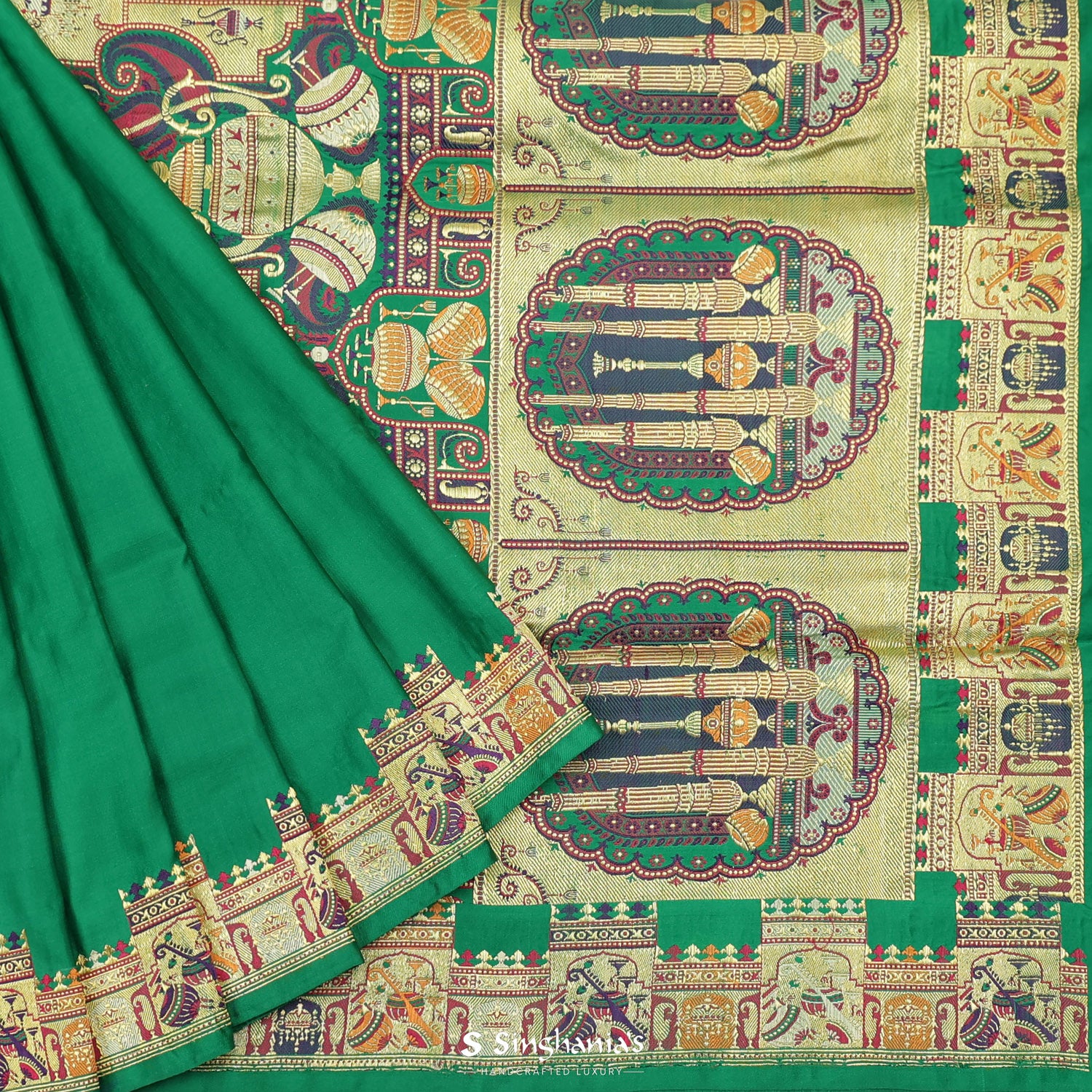 Shamrock Green Plain Silk Saree With Banarasi Weaving