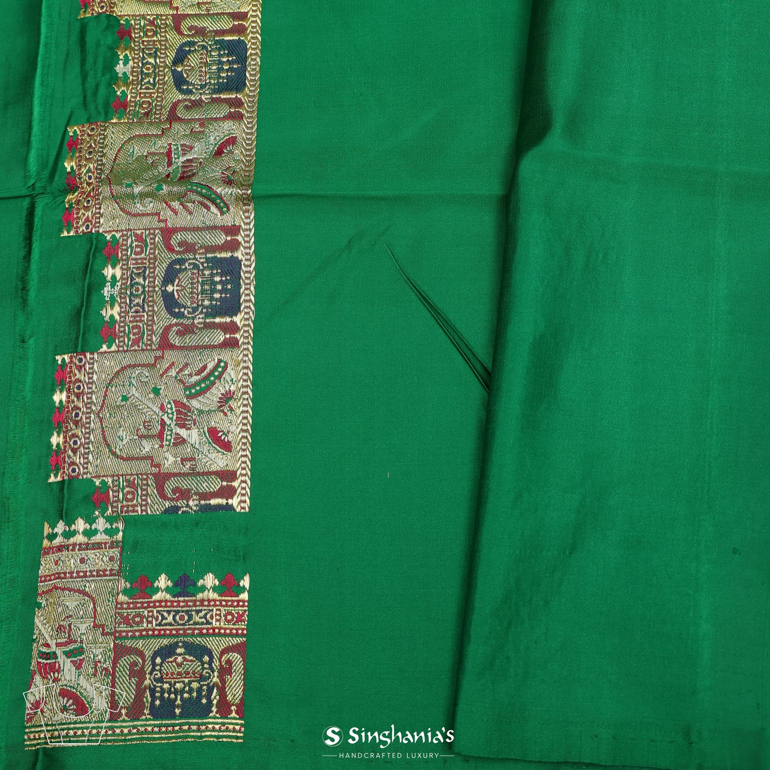 Cadmium Green Plain Silk Saree With Banarasi Weaving