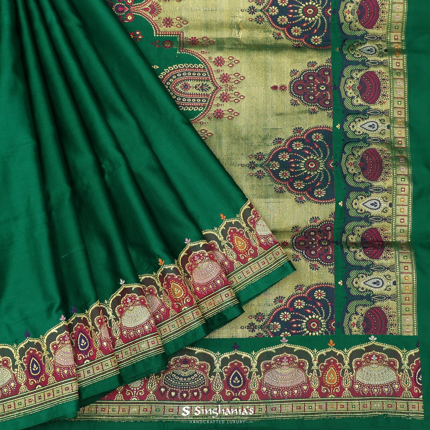 Kaitoke Green Plain Silk Saree With Banarasi Weaving