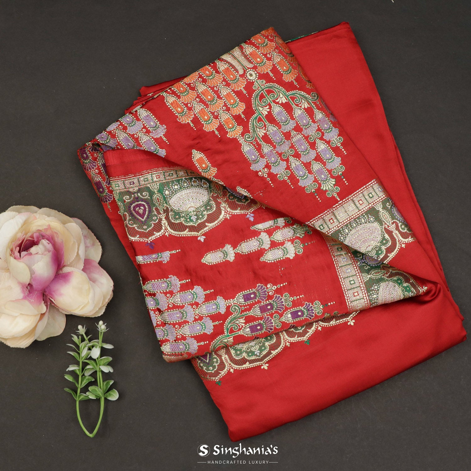 Chili Red Plain Silk Saree With Banarasi Weaving