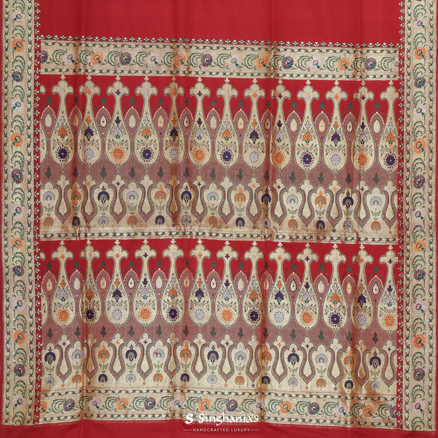 Hot Red Banarasi Silk Saree With Meenakari Weaving