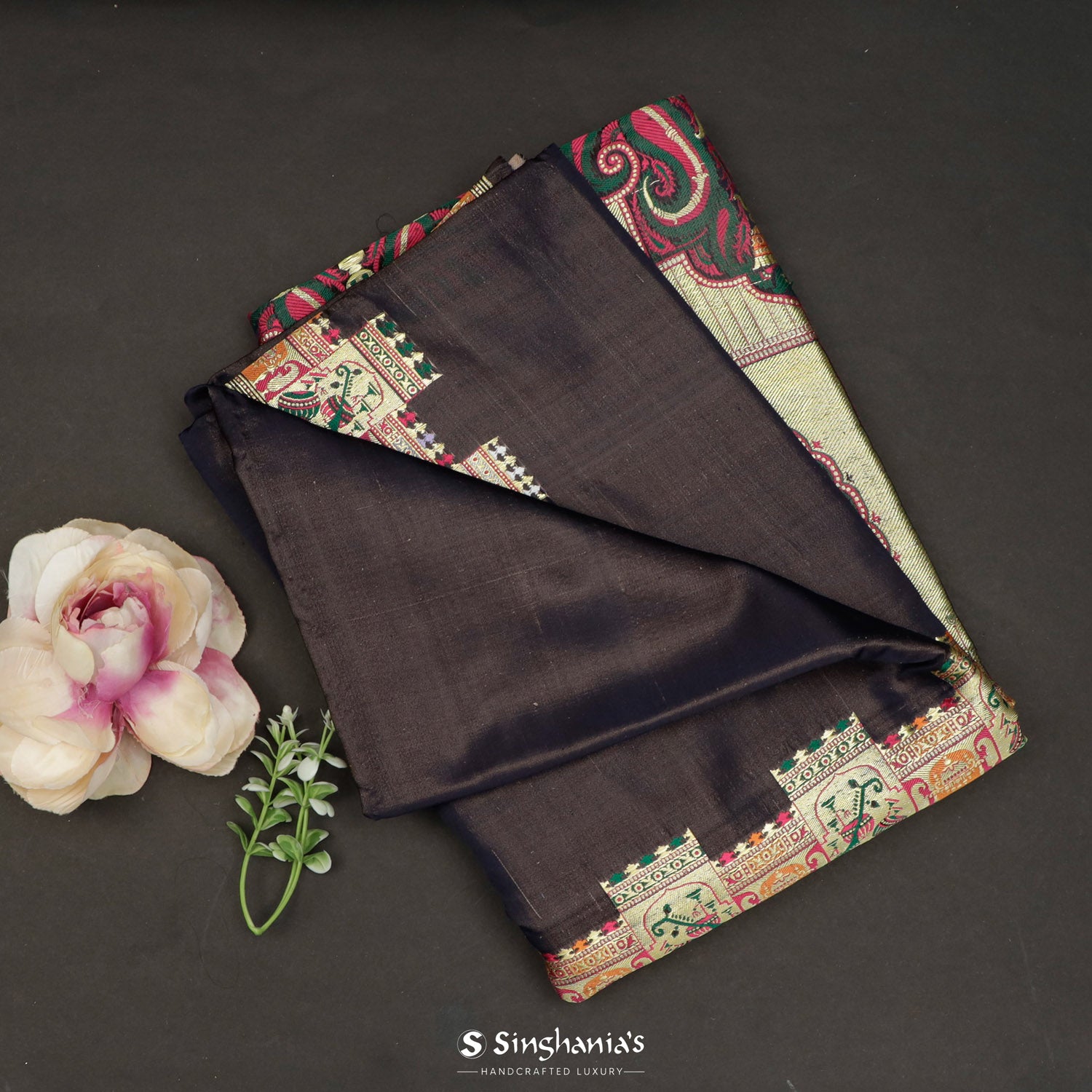 Deep Brown Plain Silk Saree With Banarasi Weaving