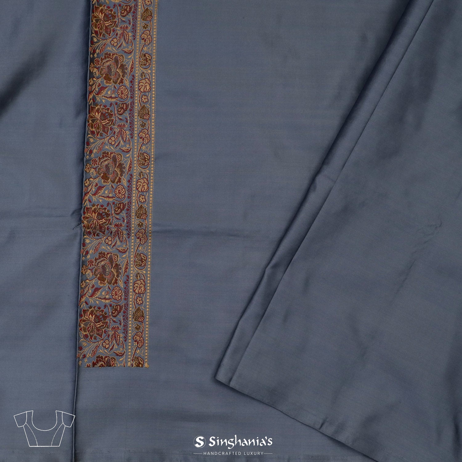 Oxford Gray Plain Banarasi Silk Saree With Meenakari Pallu And Border