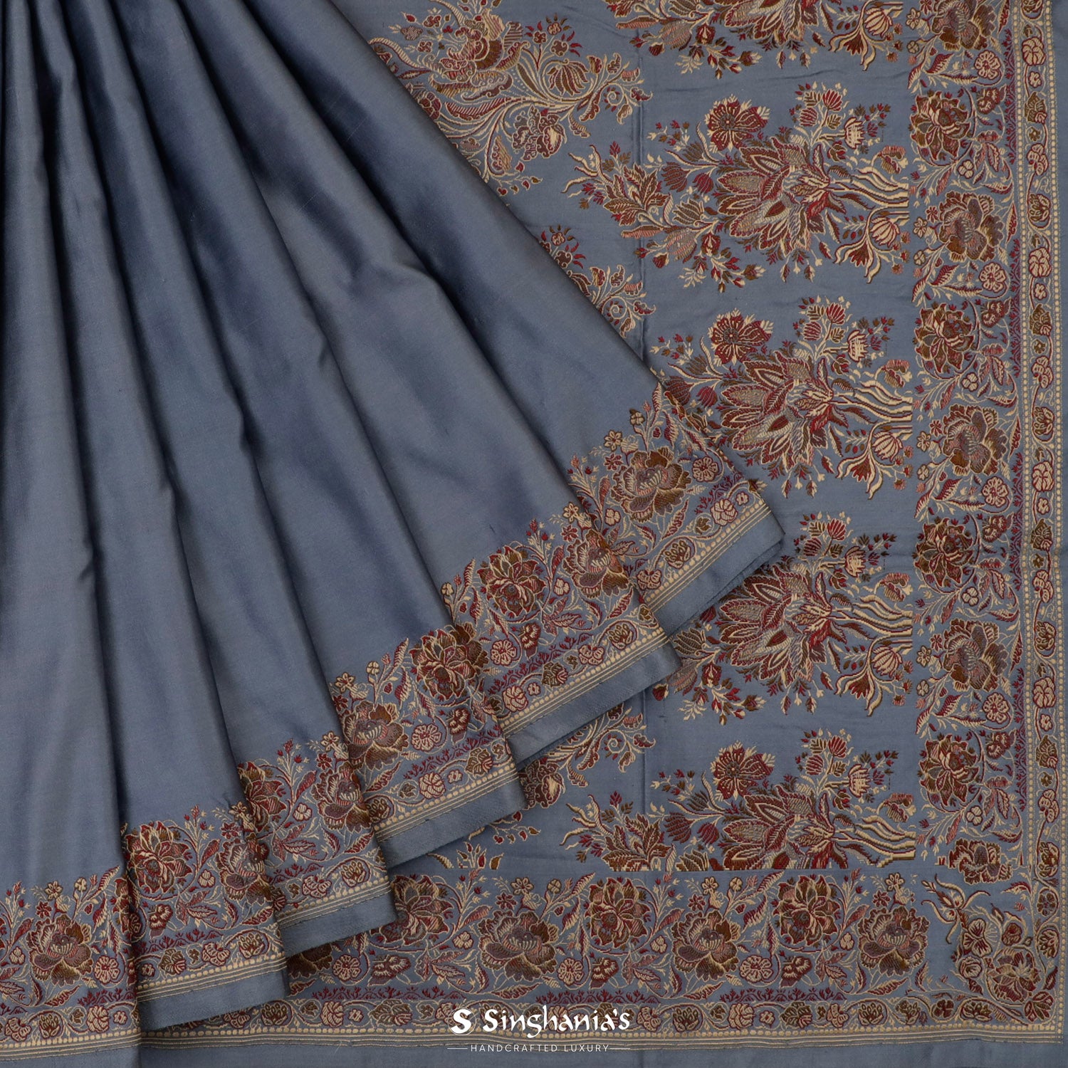 Oxford Gray Plain Banarasi Silk Saree With Meenakari Pallu And Border