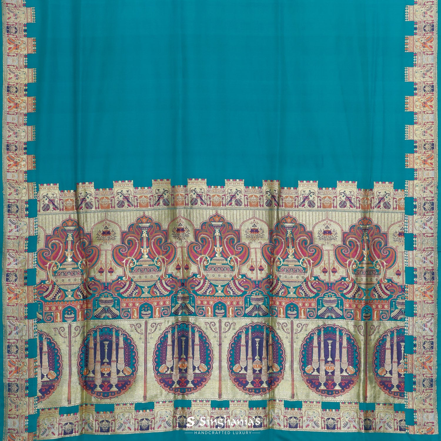 Munsell Blue Plain Banarasi Silk Saree With Meenakari Pallu And Border