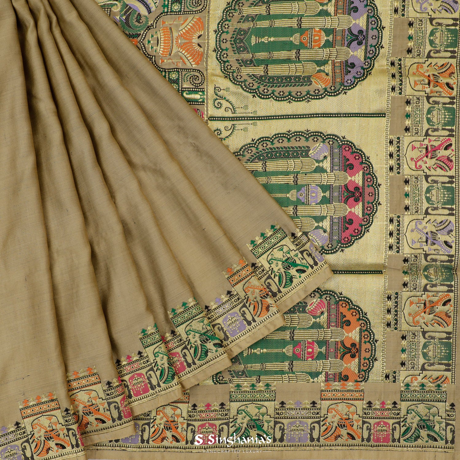 Dried Moss Brown Banarasi Silk Saree With Meenakari Pallu And Border