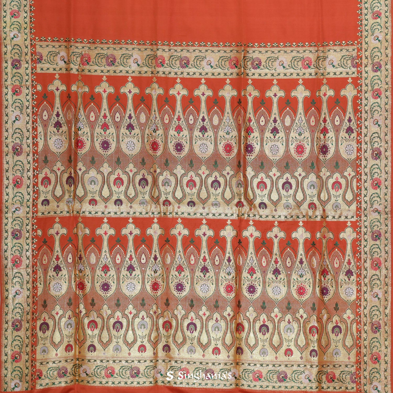 Syracuse Orange Banarasi Silk Saree With Meenakari Weaving