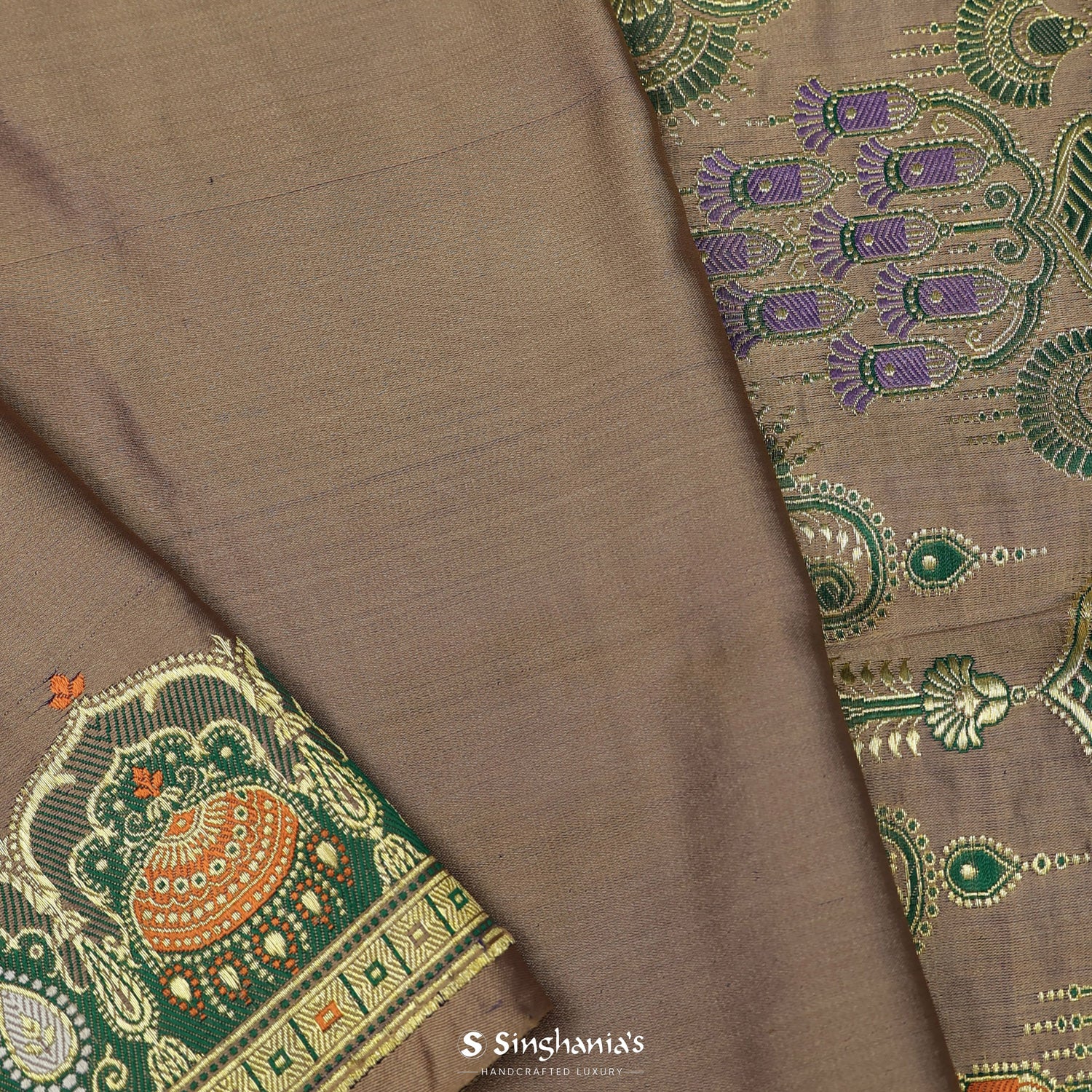 Cinnamon Toast Brown Plain Silk Saree With Banarasi Weaving