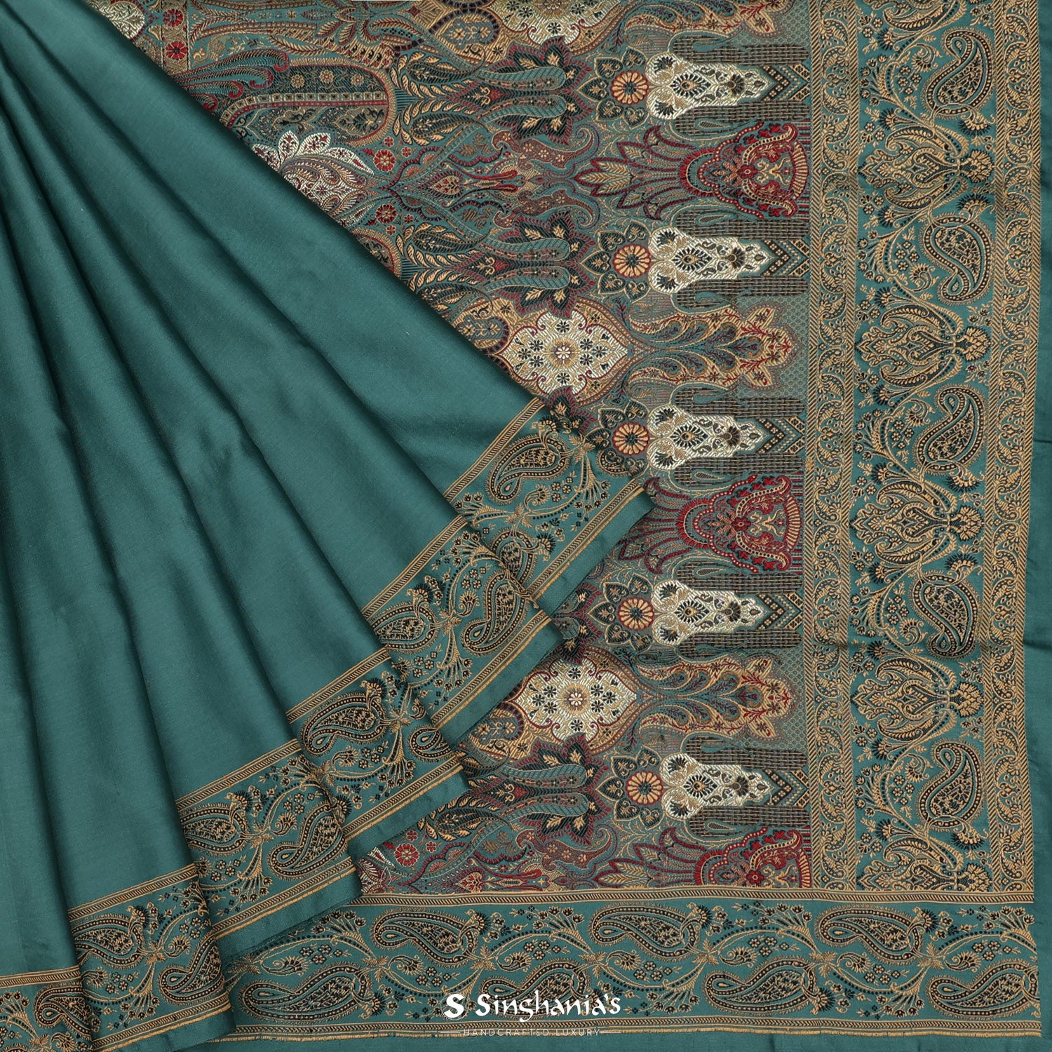 Dolphins Aqua Plain Silk Saree With Banarasi Weaving