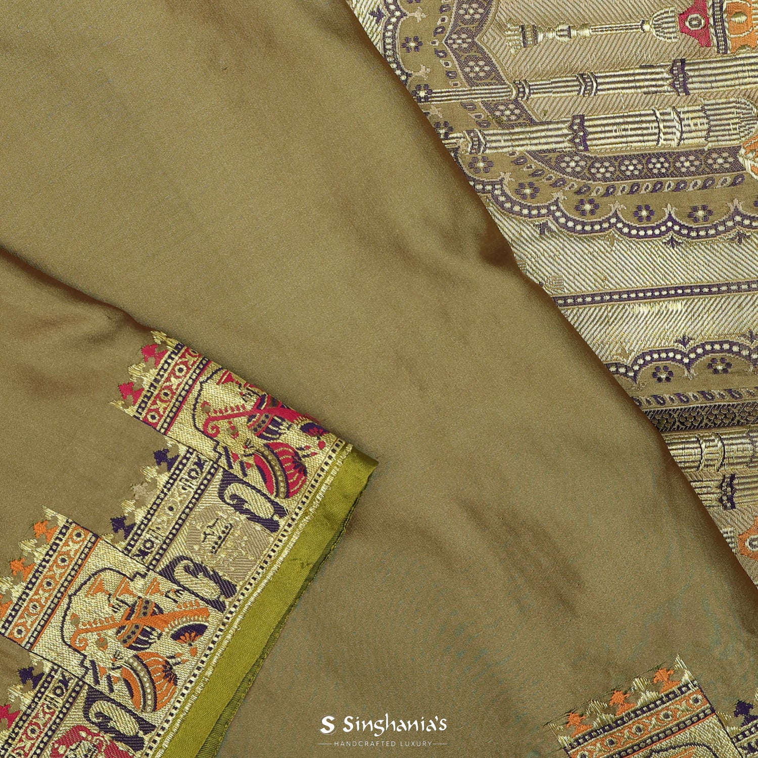 Old Moss Green Plain Silk Saree With Banarasi Weaving