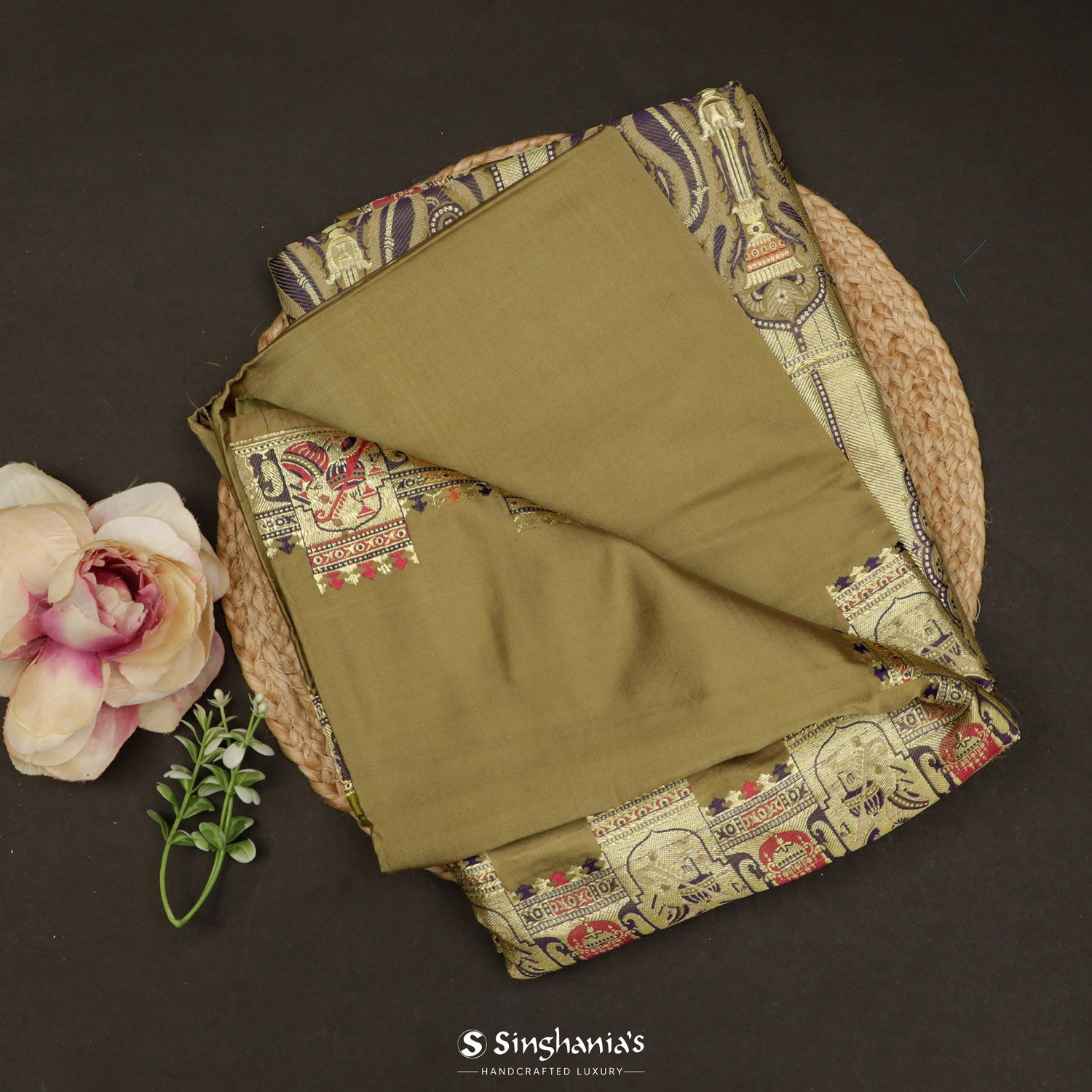 Old Moss Green Plain Silk Saree With Banarasi Weaving