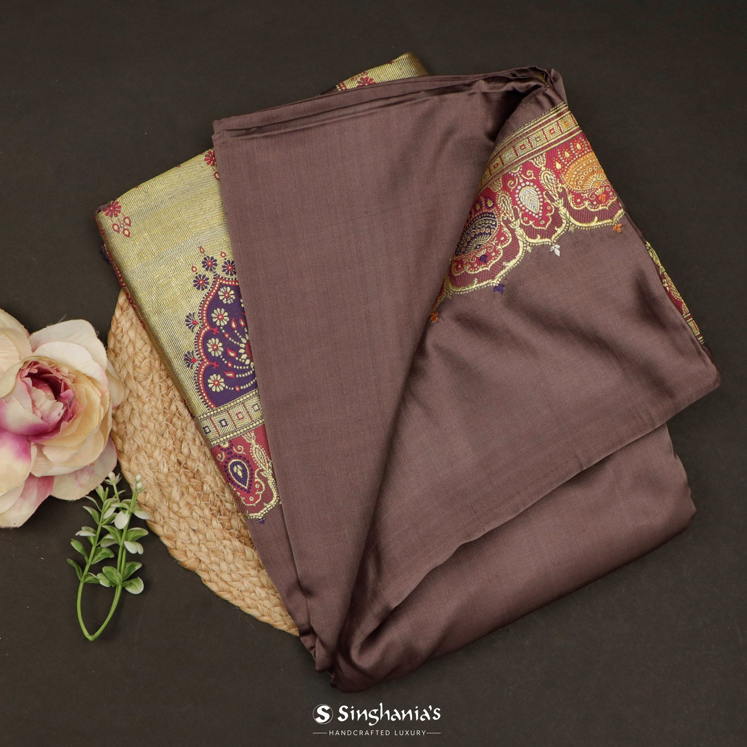 Deep Taupe Plain Silk Saree With Banarasi Weaving