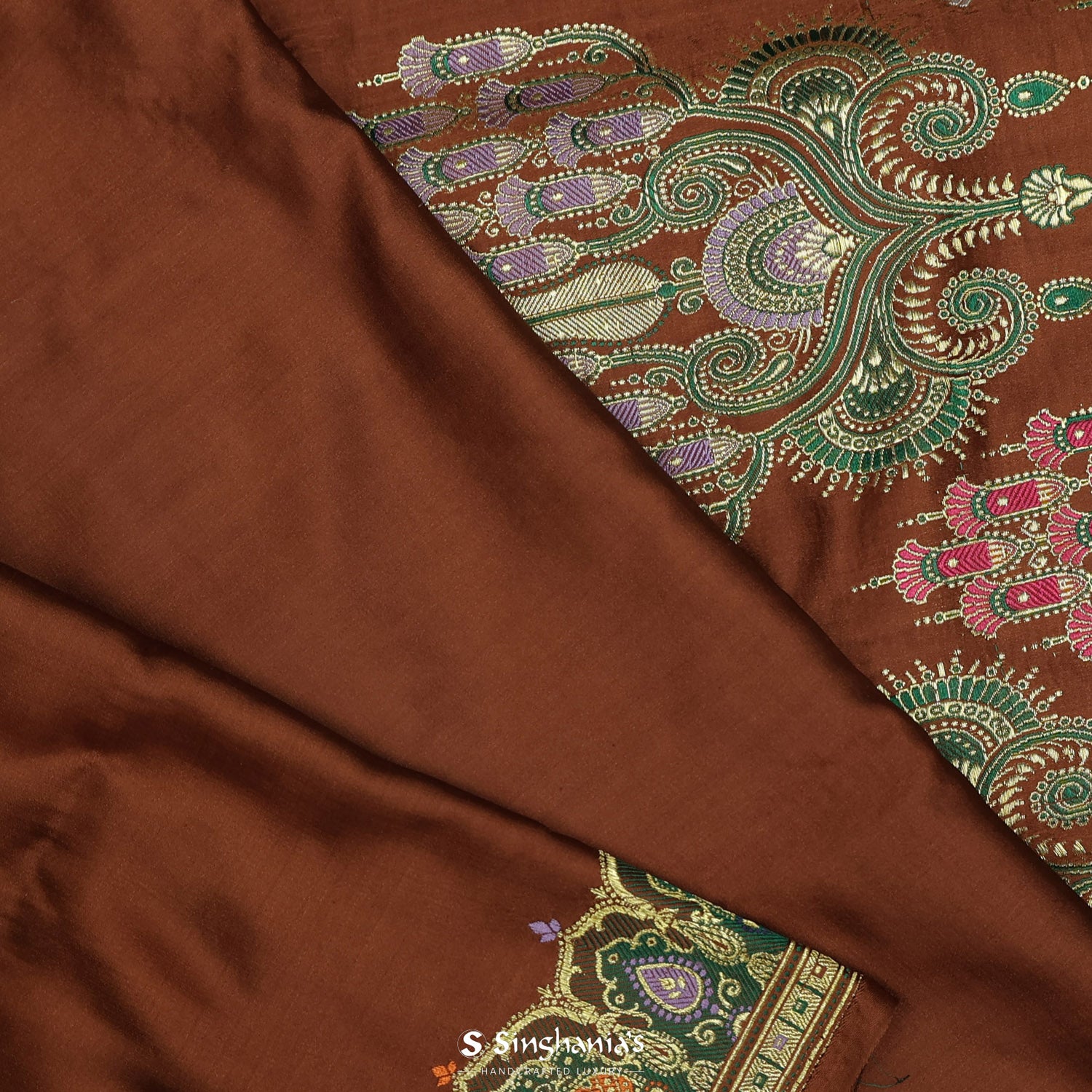 Sienna Brown Plain Silk Saree With Banarasi Weaving