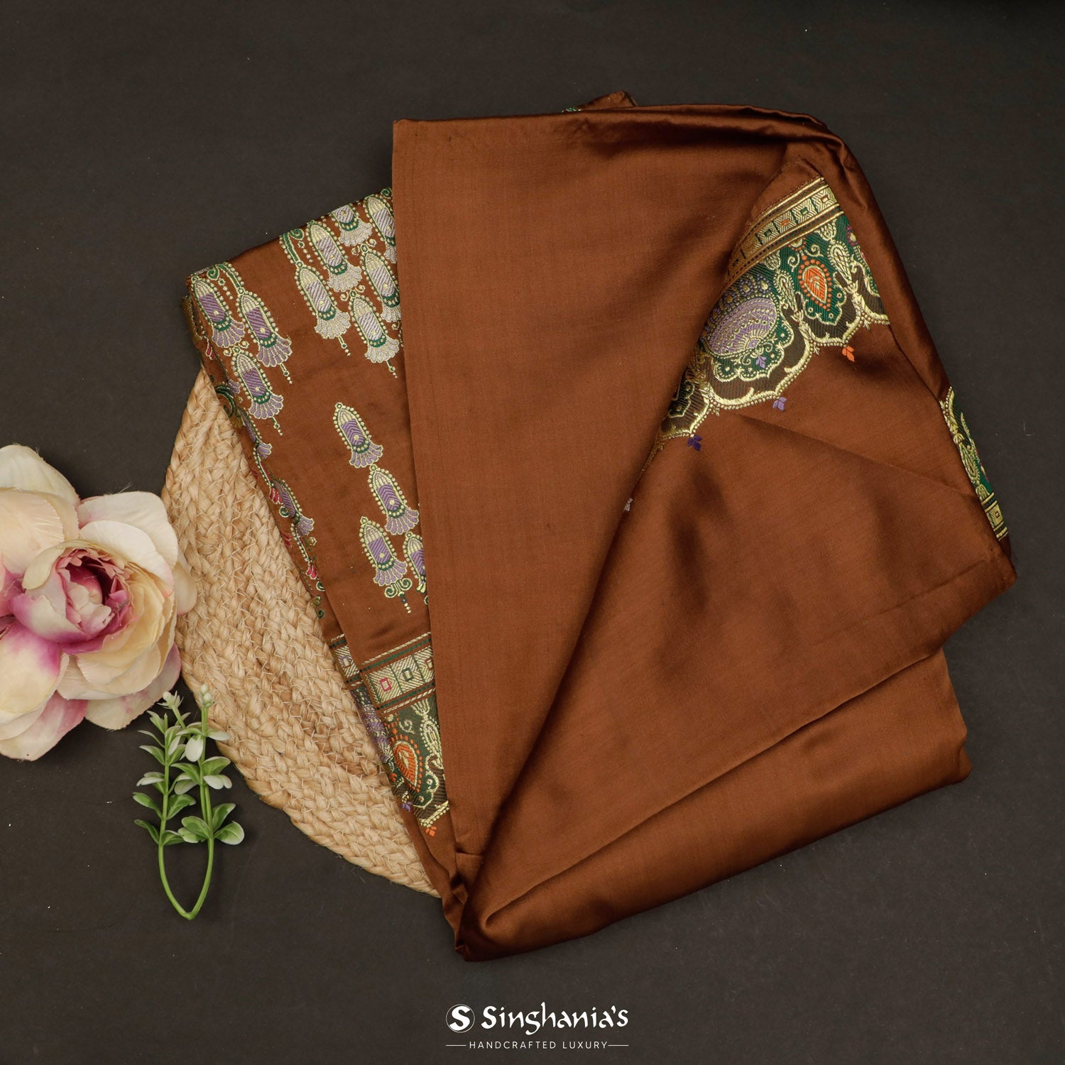 Sienna Brown Plain Silk Saree With Banarasi Weaving