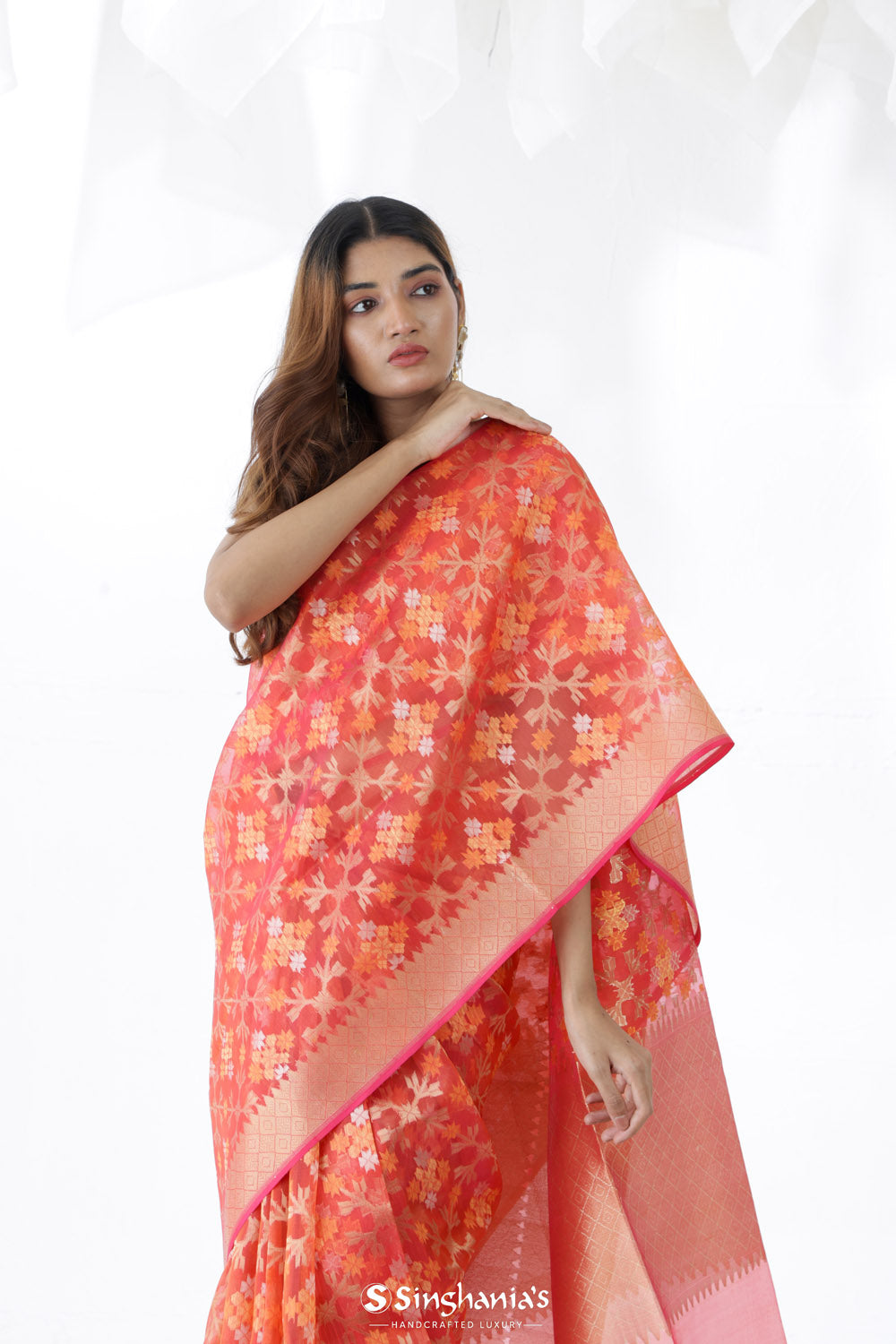 Jasper Red Jamdani Banarasi Silk Saree With Jangla Design