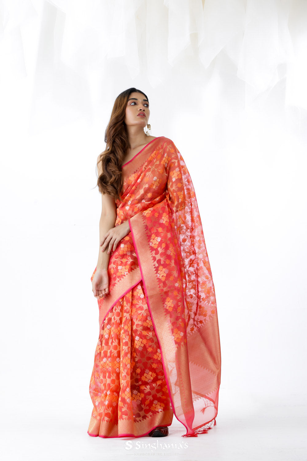 Jasper Red Jamdani Banarasi Silk Saree With Jangla Design