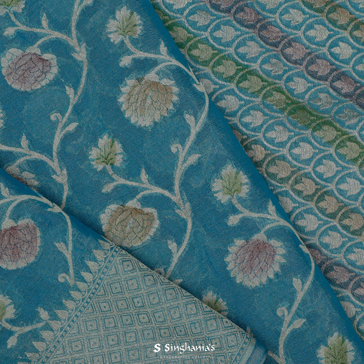 Munsell Blue Tissue Saree With Meenakari Banarasi Weaving