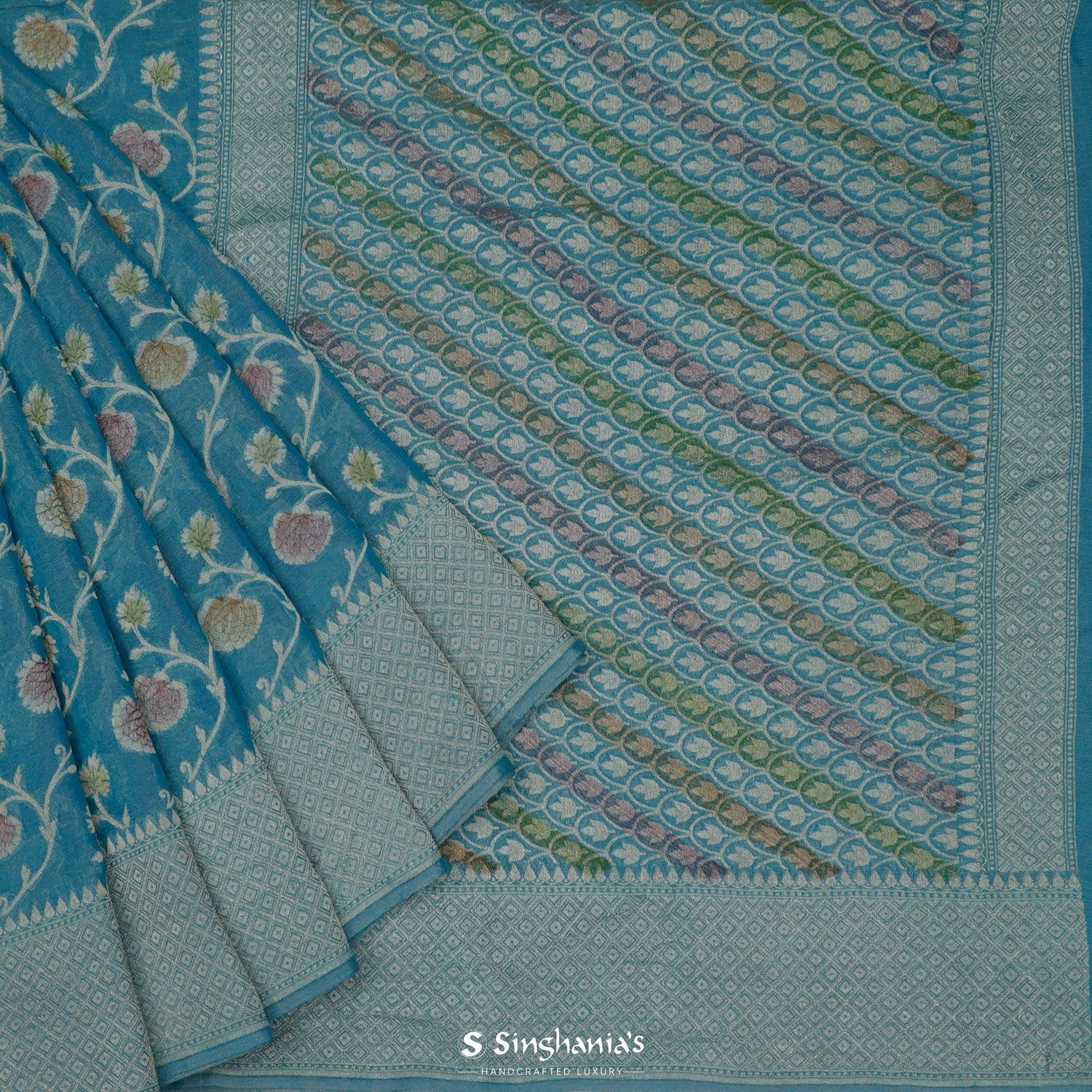 Munsell Blue Tissue Saree With Meenakari Banarasi Weaving