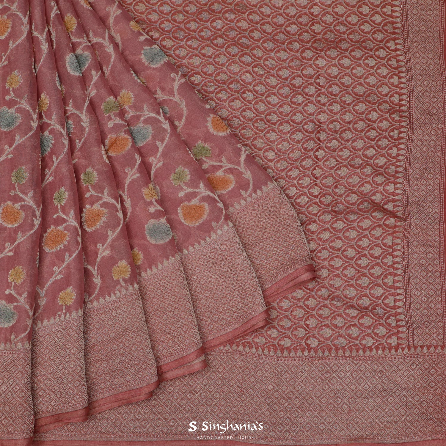 Onion Pink Tissue Saree With Meenakari Banarasi Weaving